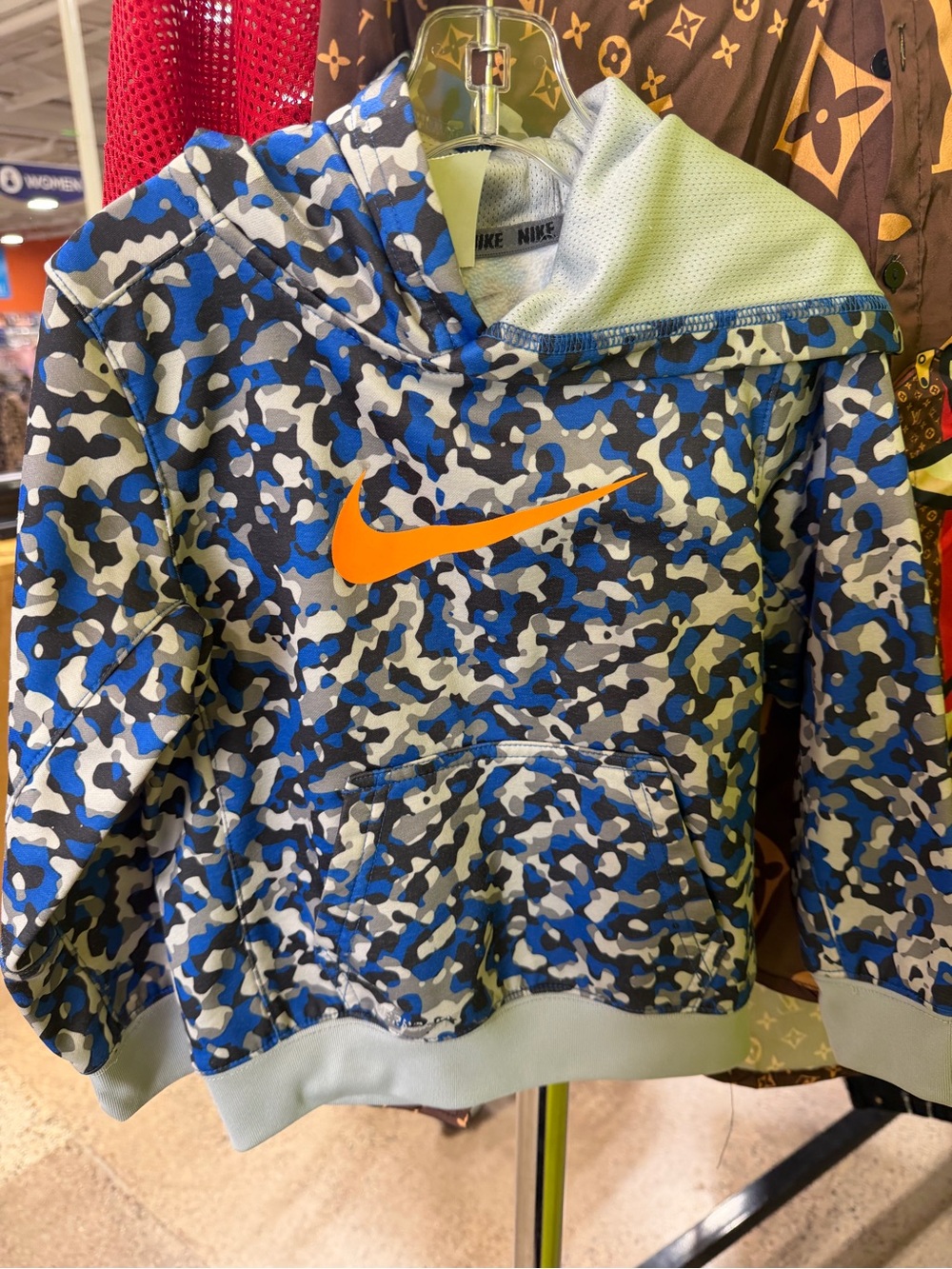 Nike Kids Blue Camo Hoodie with Orange Swoosh